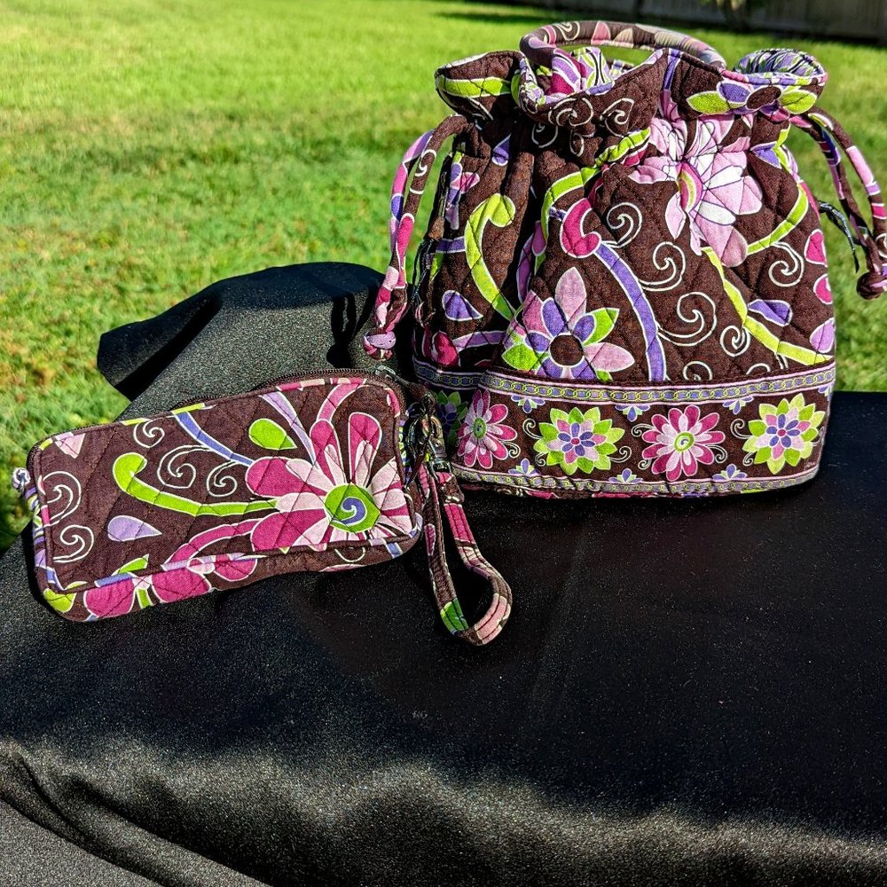 Vera Bradley Gabby Purple Punch Drawstring Small Bucket Bag and Wristlet-SET!